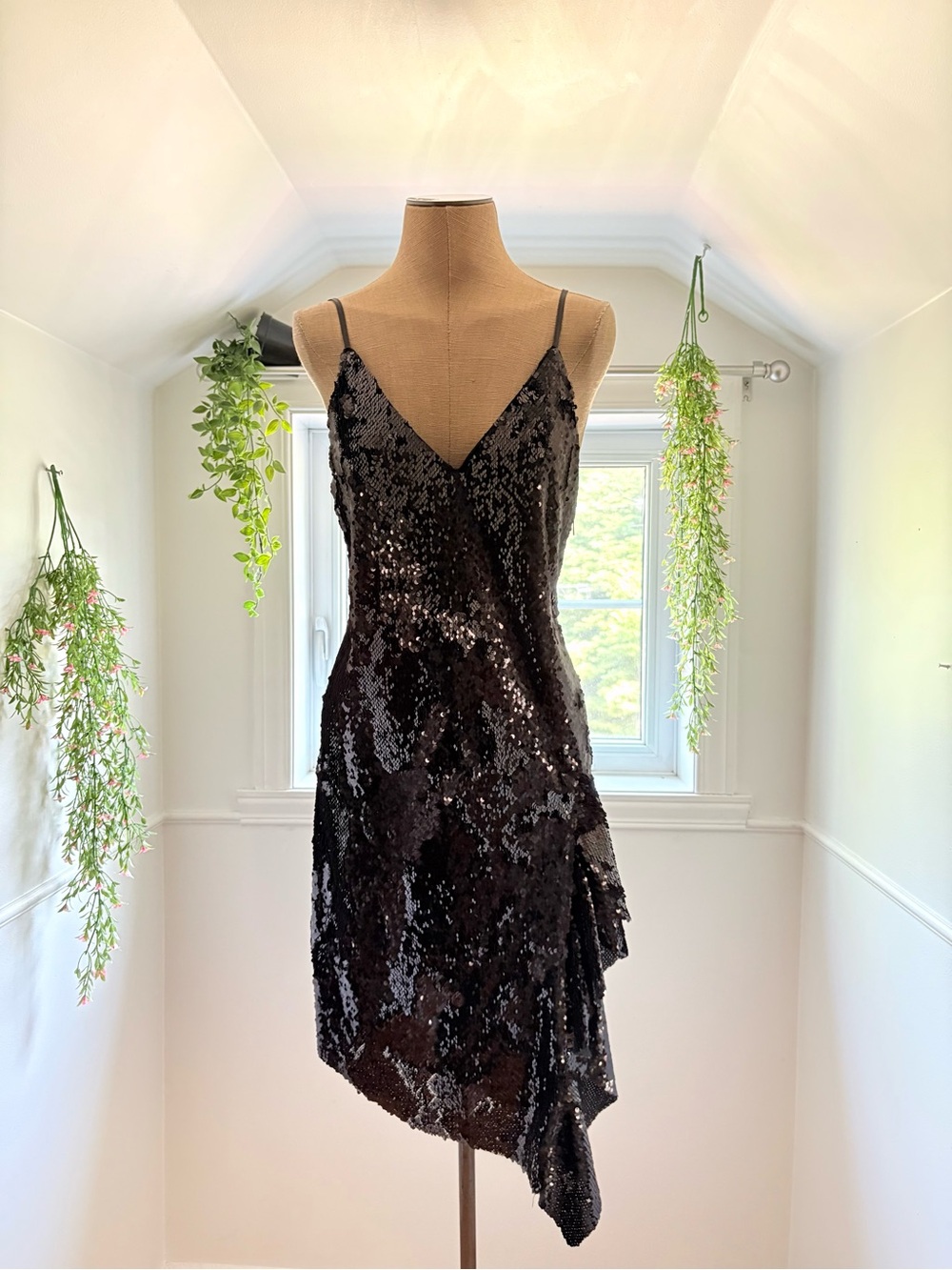 Black Sequin Asymmetrical Slip Dress